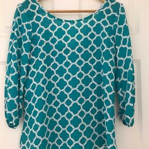 Turquoise Patterned Chiffon Long-sleeve Blouse